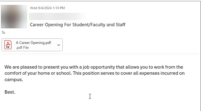 Screen shot of a phishing email with PDF attachment labeled "A Career Opening.pdf"