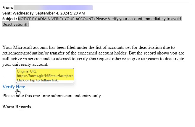 Screen shot of a phishing email sent on September 4, 2024 at 9:29am with a scam link