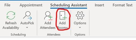 screenshot of scheduling assistant with add rooms selected