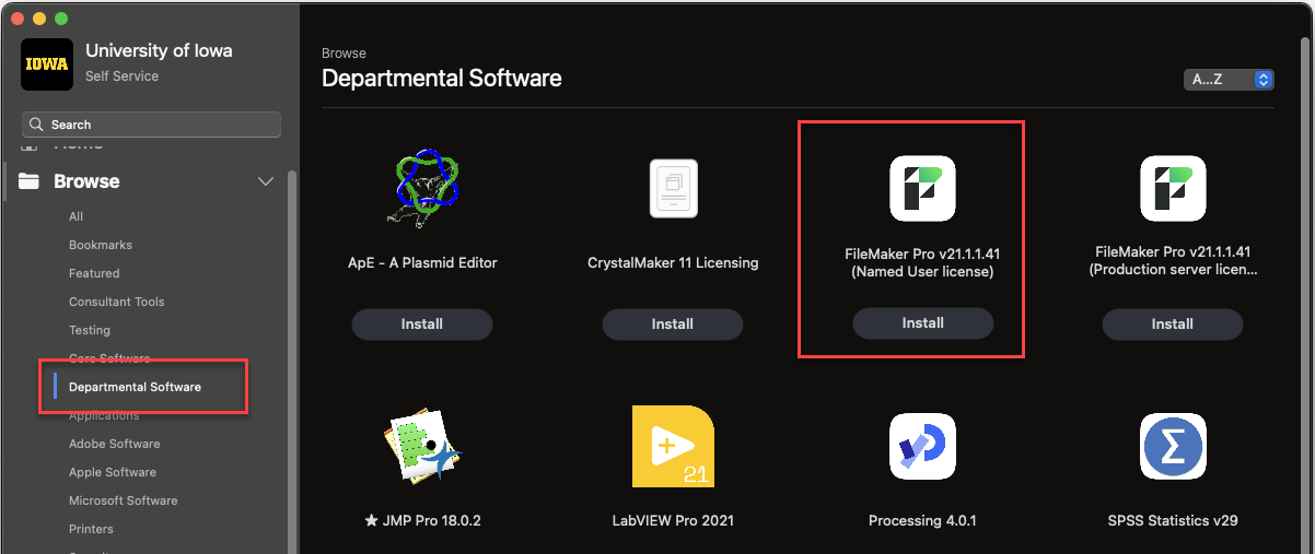 Select Departmental Software in the side bar to the left and find FileMaker Pro