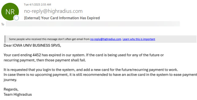 Credit Card Information Expired scam email