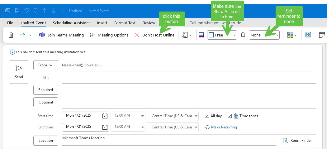 all day event options in Outlook 