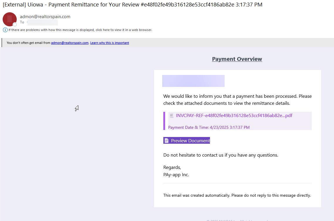 phishing message payment remittance review payapp