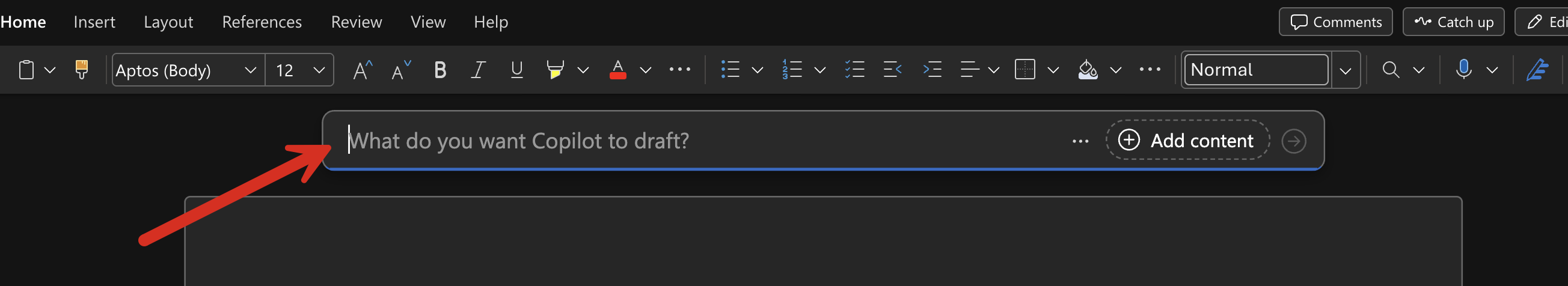 Copilot on Top in New Word Document