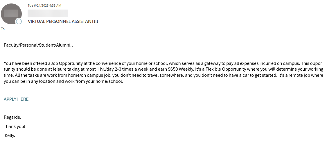 Screenshot of phishing message