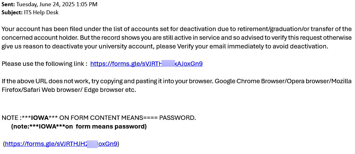 Phish message with text begining with "Your account has been filed under the list of accounts set for deactivation"