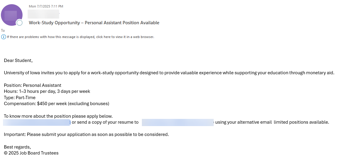Screenshot of phishing message