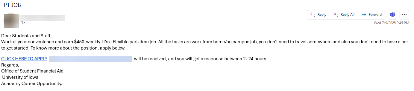 Screenshot of phishing message