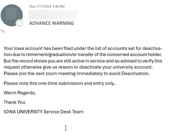 phish message advance warning account deactivation