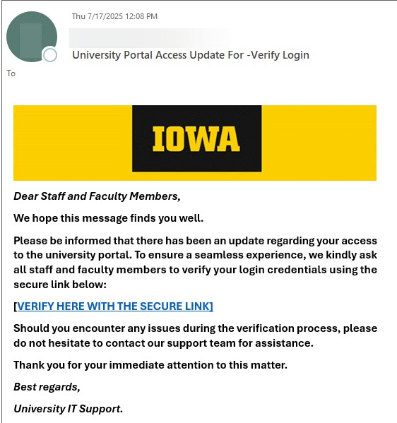 phish message university portal access