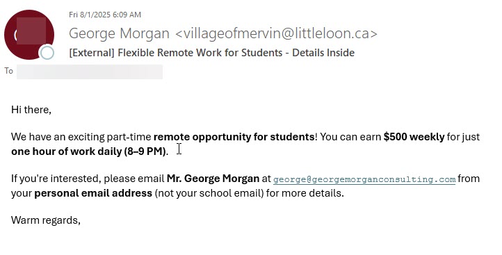 phishing message with subject flexible remote work for students details inside
