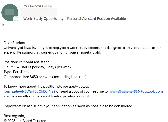 phishing message personal assistant work study