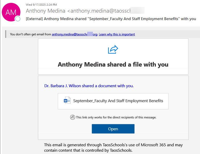 image of the phish message with text starting with "Anthony Medina shared a file with you"