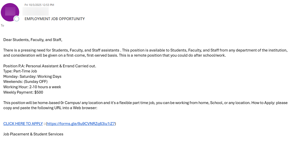 Phishing message image