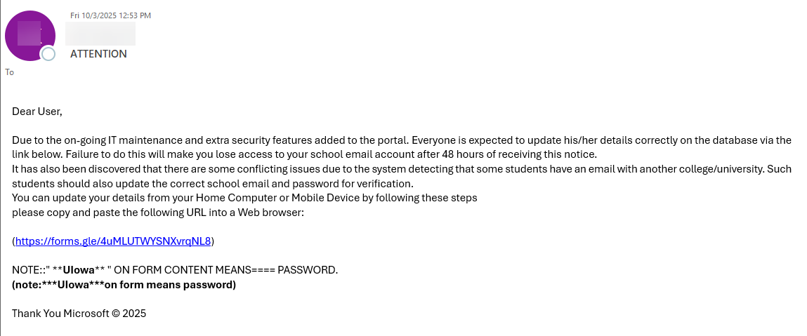 Phishing message screen capture