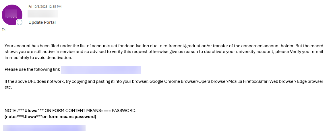 Phishing message screen capture