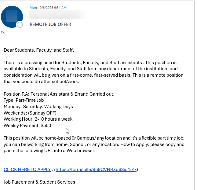 phishing message online job offer part time work