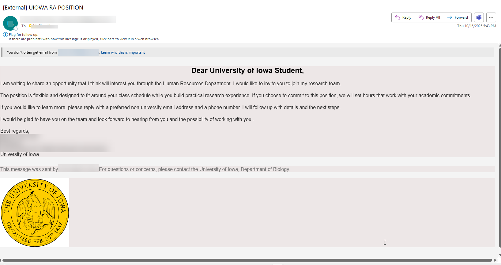 phishing message iowa ra position