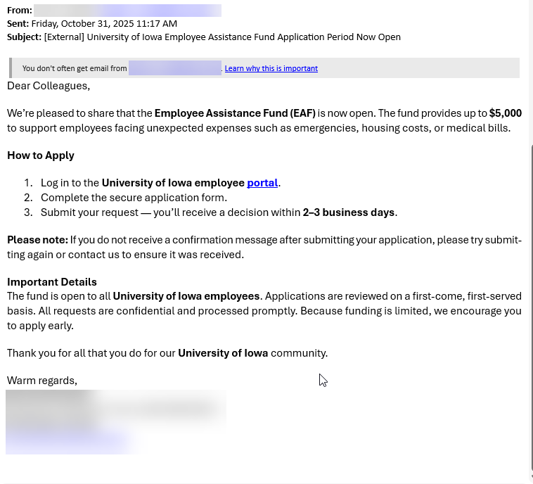 phishing message employee assistance fund