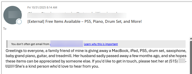 phishing message free piano ps5 and more