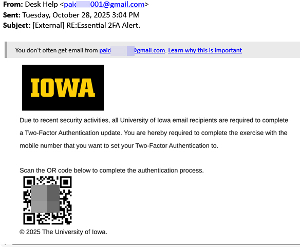 Phish message with the IOWA logo and text begining with "Due to recent security activities,