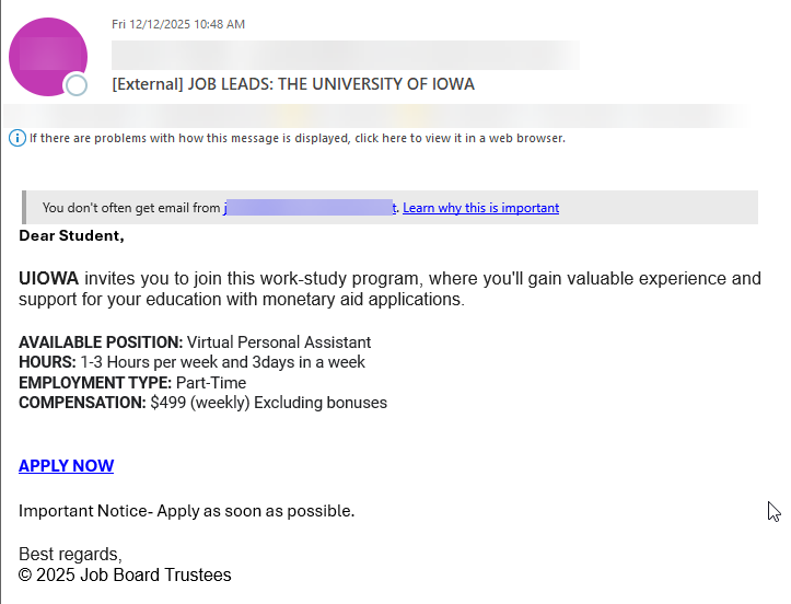 phishing job leads the university of iowa