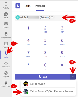 Screen shot of how to make a call on behalf of a Call Queue