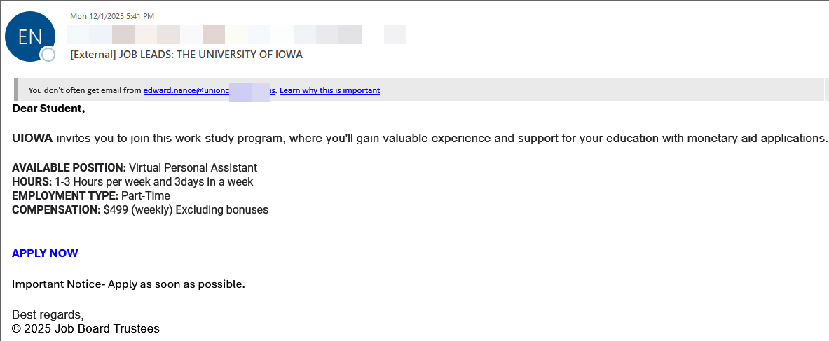 image of phish message with text starting with "Dear Student, UIOWA invites you to join this work-study program"