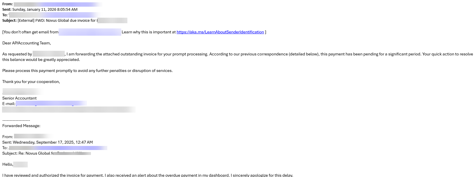 phishing message using fake conversations to make invoice look real
