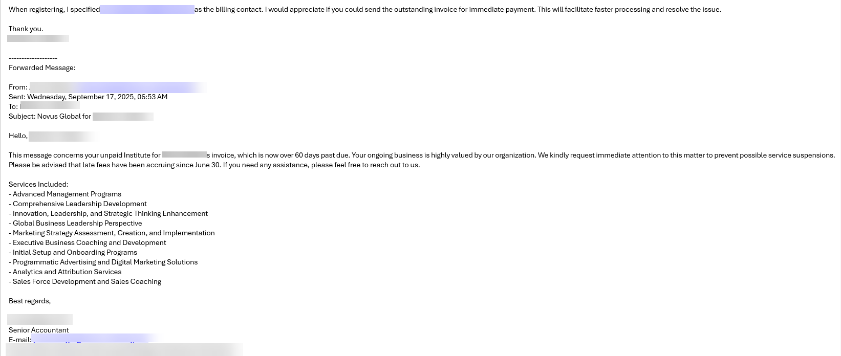 phishing message using fake conversations that look like real invoice