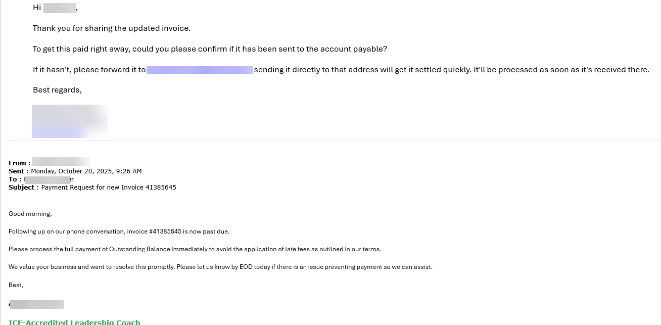 phishing message using fake conversations and fake invoice