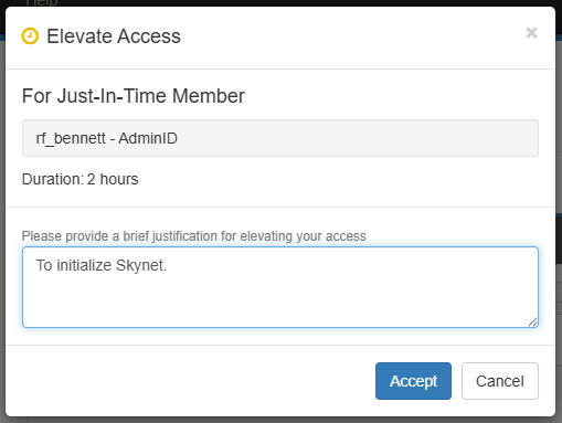 Picture of customer self-elevate justification window