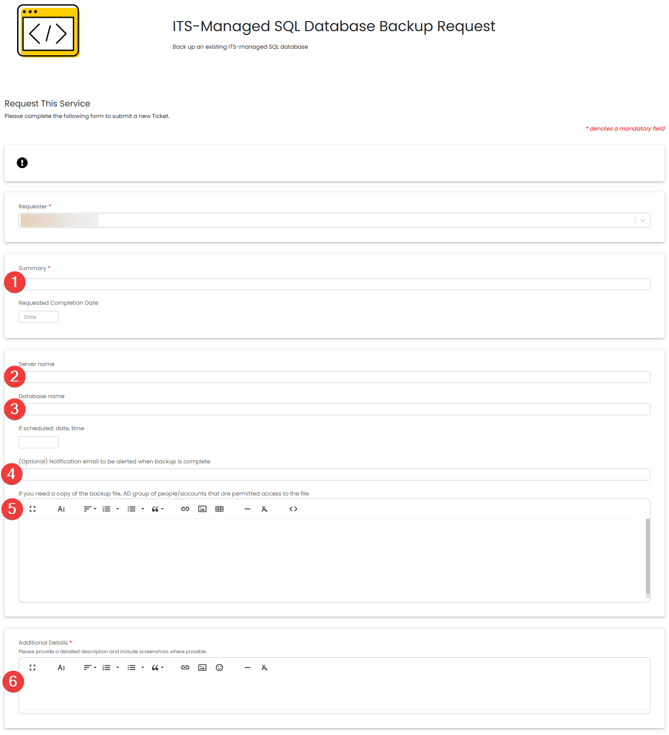 Screenshot of SQL Database Backup Request Halo Form