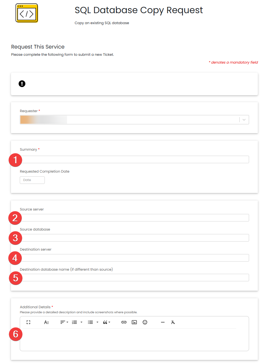 Screenshot of Halo Database Copy Request Form