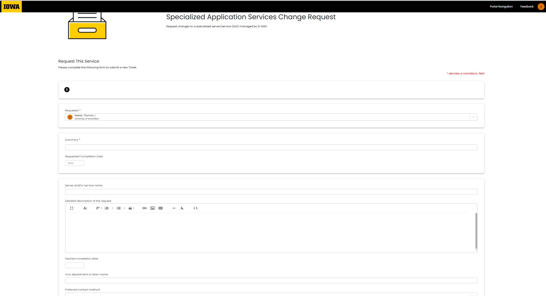 Picture of the Service Request form for Specialized Application Services