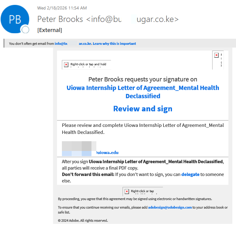 Phish message with message text beginning with Peter Brooks requests your signature on Uiowa Internship Letter of Agreement_Mental Health Declassified