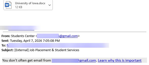 phishing message job placement and student services subject