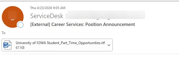 phishing message career services position part time announcment external senders