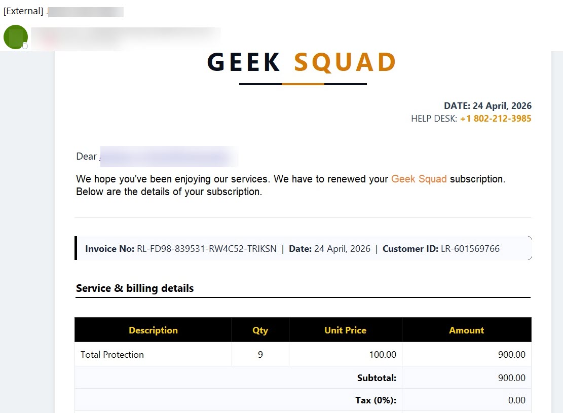 phishing message with various senders faking Geek Squad purchase