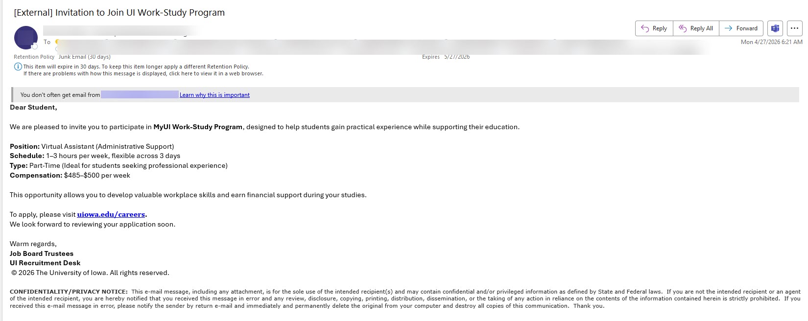 phishing email work-study program virtual position part time