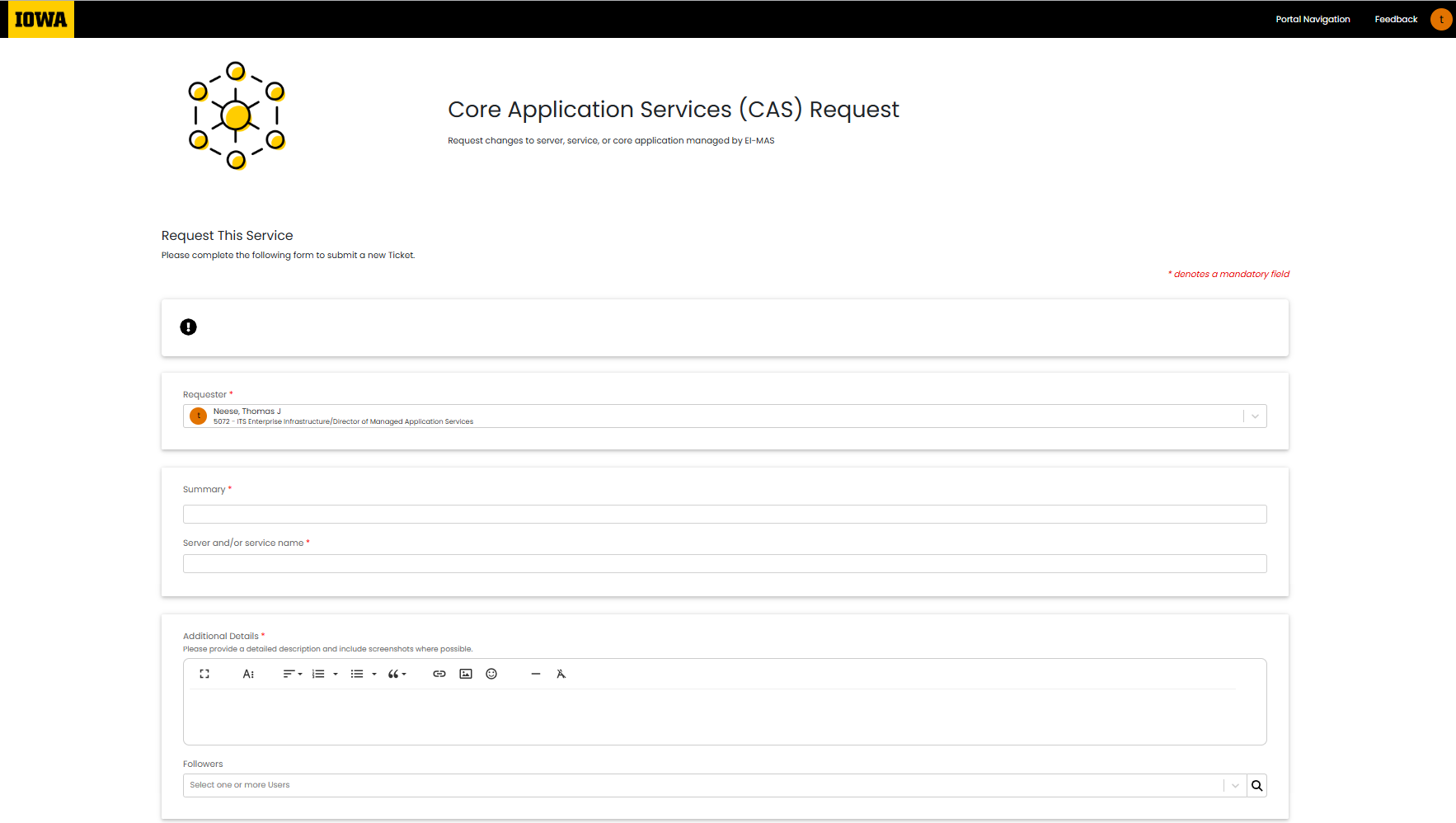 Picture of the Service Request form for Core Application Services