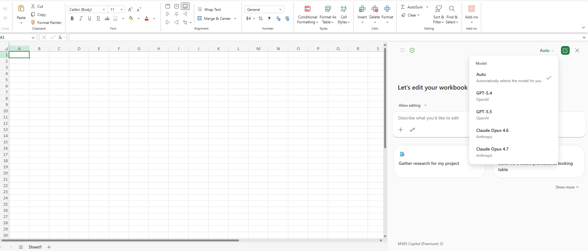 Screenshot of Excel showing the Microsoft 365 Copilot model picker with Auto, GPT-5.4, GPT-5.5, Claude Opus 4.6, and Claude Opus 4.7 options.