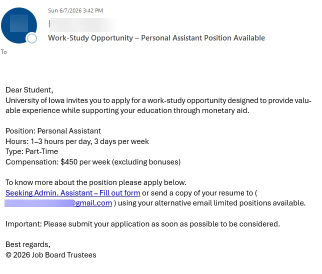 phishing email work study part time opportunity