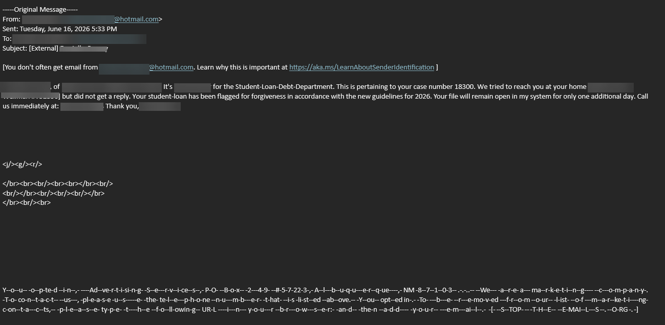 Phishing Message includes student loan forgiveness and home address