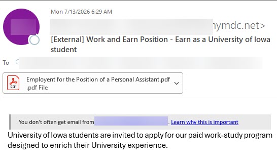 phishing message inviting users to a part time job with suspicious attachment