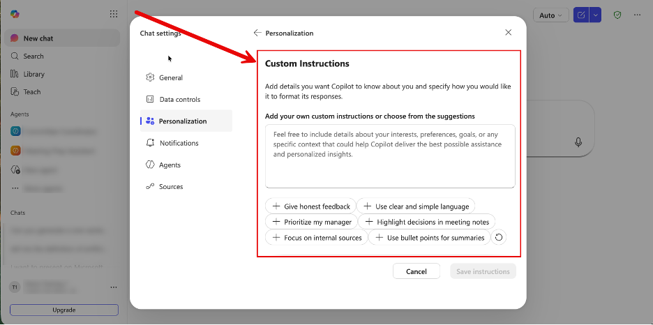 Copilot custom instructions screenshot