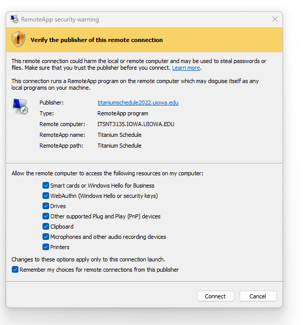 RDP file warning... Please verify the publisher.