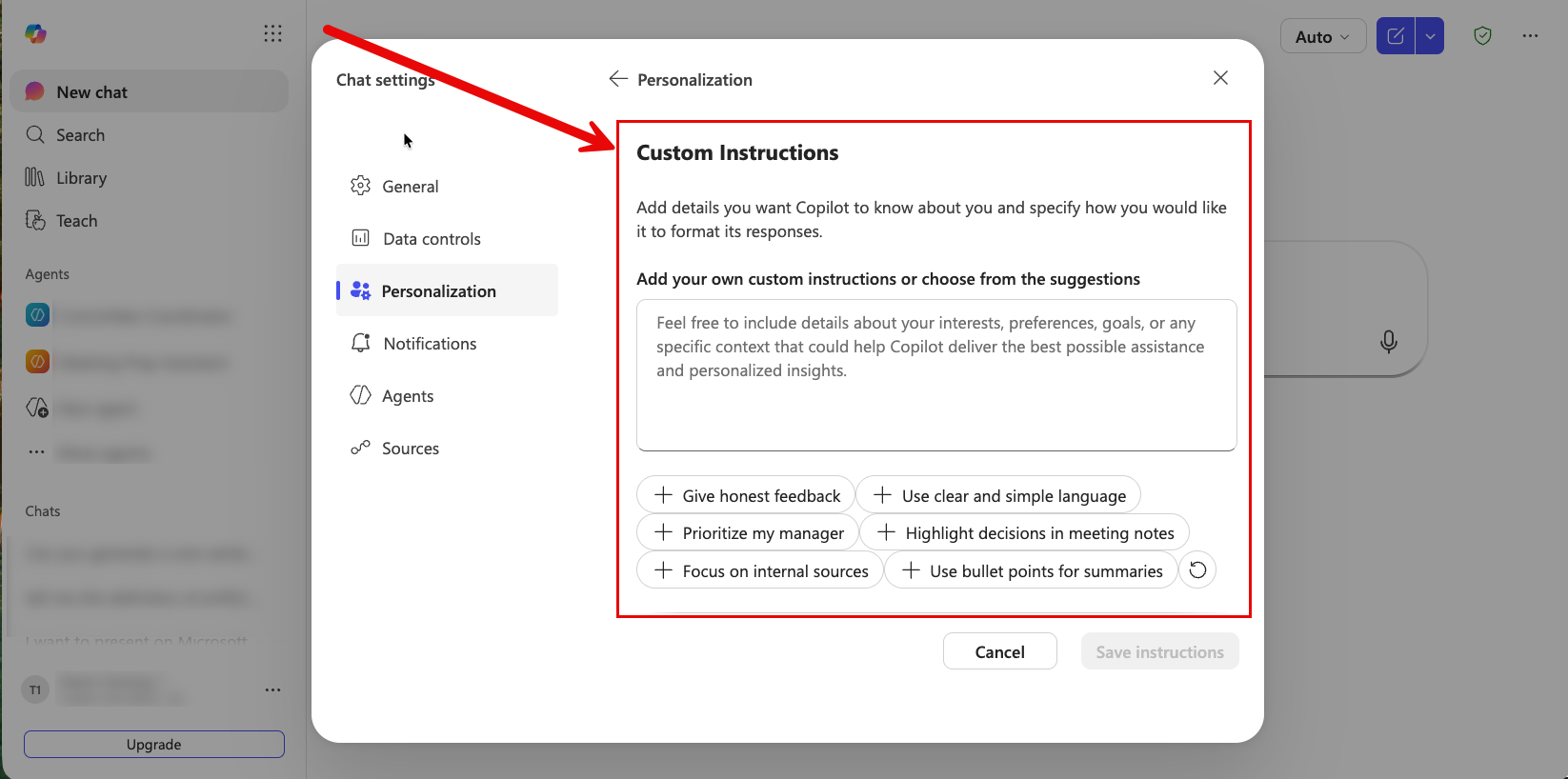 Screenshot of Custom Instructions in Copilot Chat