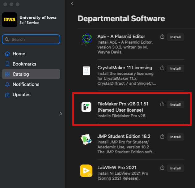 Screenshot showing Self Service application with FileMaker 26 highlighted in the details area.