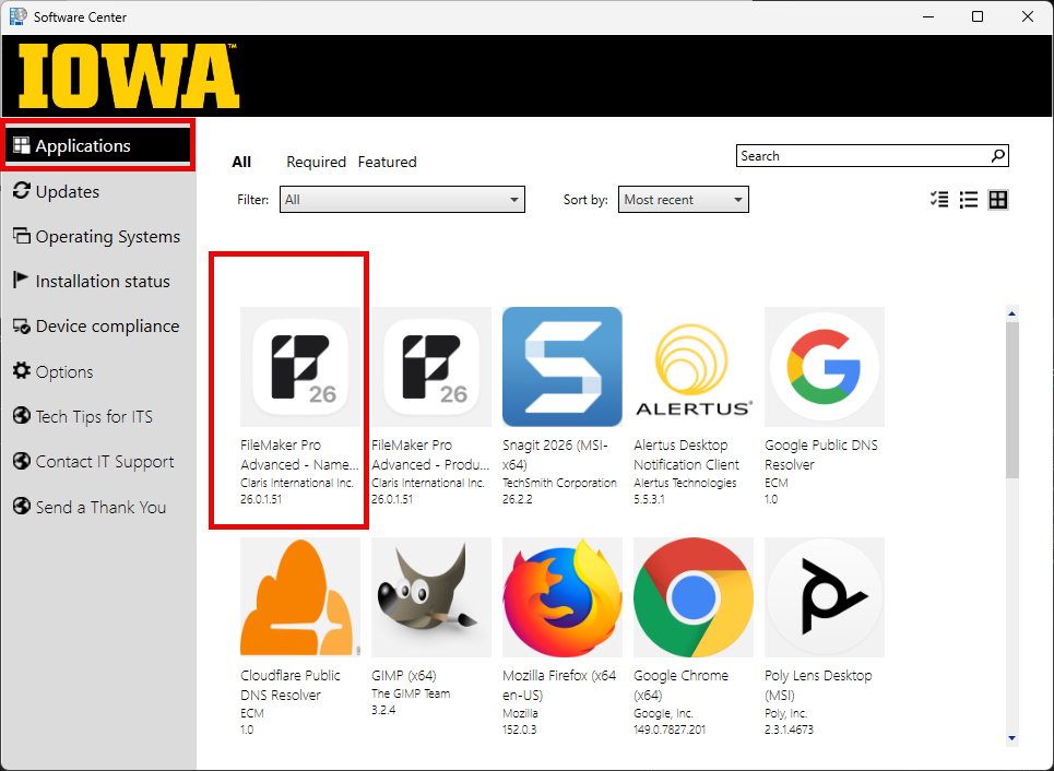 Screenshot showing Software Center application with "Application" highlighted in the left hand menu and "FileMaker 26 - Named User license" highlighted in the details area.